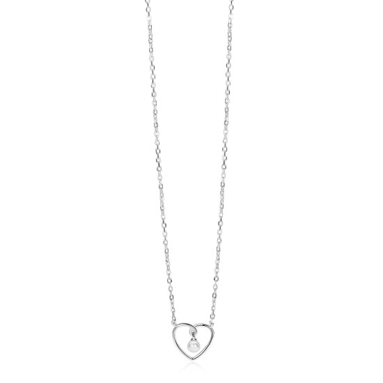 ZINZI zilveren ketting met opengewerkt hart (12mm) en bungelend witte parelhanger 42-45cm ZIC2865