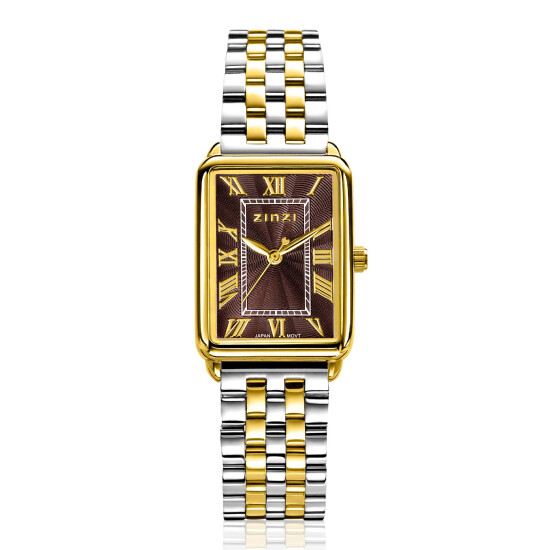 ZINZI Elegance horloge 28mm bruine wijzerplaat en rechthoekige kast stalen bicolor schakelband Japans uurwerk ZIW1936