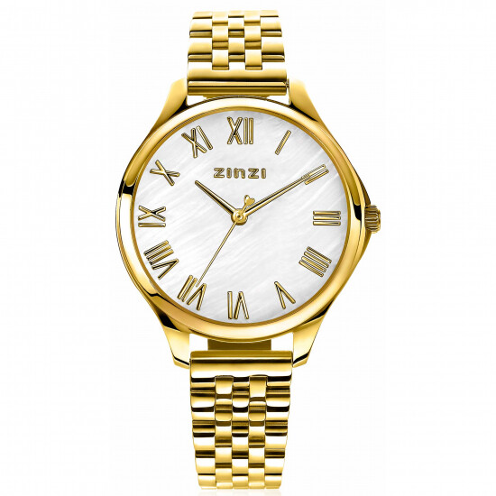 ZINZI horloge JULIA 34mm wit parelmoer wijzerplaat romeinse cijfers goudkleurige stalen kast en band ziw1134
