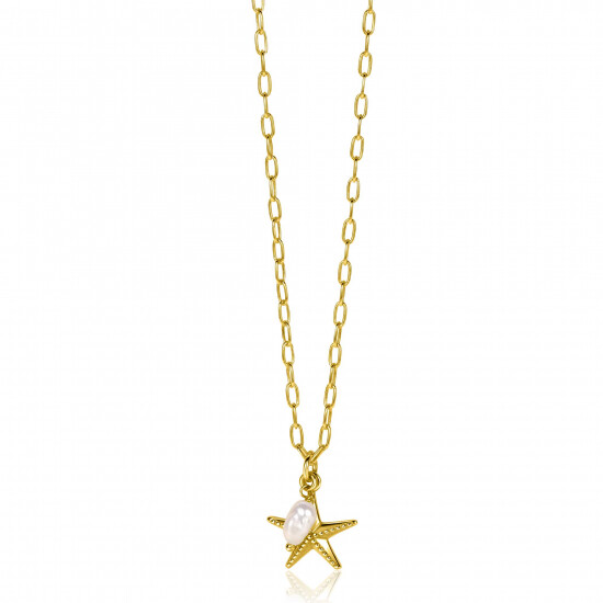 ZINZI gold plated zilveren ketting met paperclip-schakels en grote zeester hanger met ovale witte zoetwaterparel 40-45cm ZIC2641