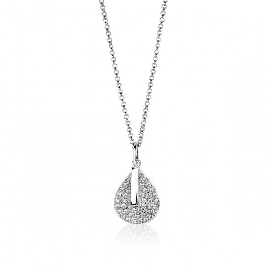 ZINZI zilveren ketting 45cm met hanger 14mm druppel staafje wit ZIC1573