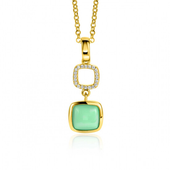 ZINZI gold plated zilveren tweezijdige hanger 30mm vierkant met witte onyx en mintgroene kleursteen ZIH2308 (zonder collier)