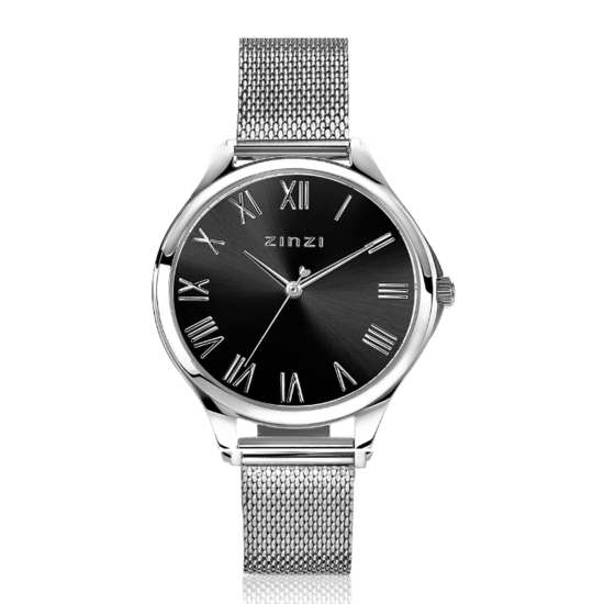 ZINZI horloge JULIA 34mm zwarte wijzerplaat romeinse cijfers stalen kast en meshband ZIW1101M
