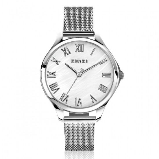 ZINZI horloge JULIA 34mm wit parelmoer wijzerplaat romeinse cijfers stalen kast en meshband ZIW1117M
