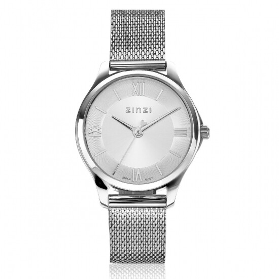 ZINZI Classy Mini horloge 30mm zilverkleurige wijzerplaat stalen kast en meshband ZIW1202M
