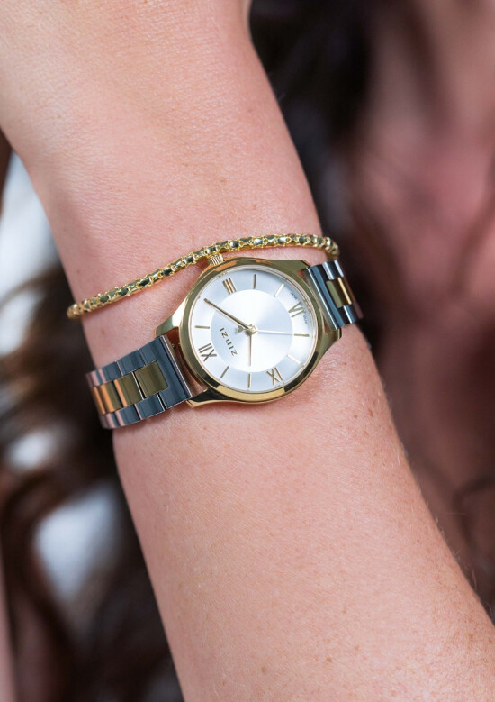 ZINZI Classy Mini horloge 30mm zilverkleurige wijzerplaat goudkleurige stalen kast en bicolor band ziw1233