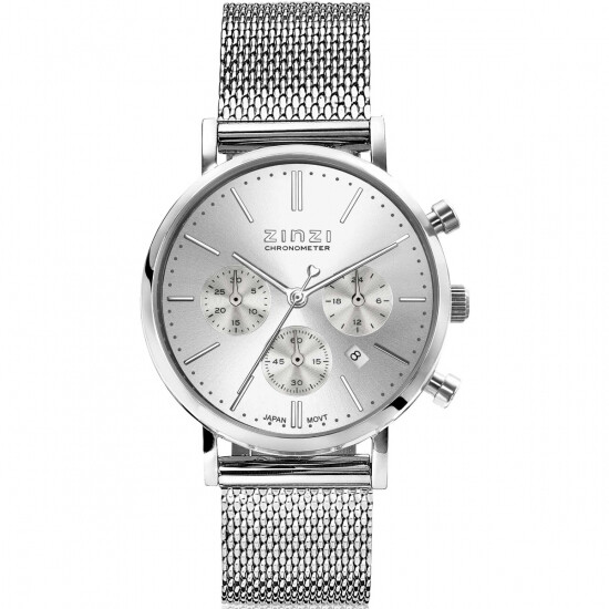 ZINZI horloge CHRONOGRAPH 34mm zilverkleurige wijzerplaat met datum en chronometers, stalen kast, stalen mesh band 18mm ZIW1502
