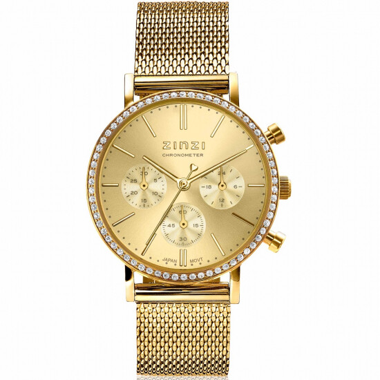 ZINZI horloge CHRONOGRAPH 36mm stopwatch geelgoudkleurige wijzerplaat, geelgoudkleurige stalen kast met crystals, geelgoudkleurige stalen mesh band 18mm ZIW1610
