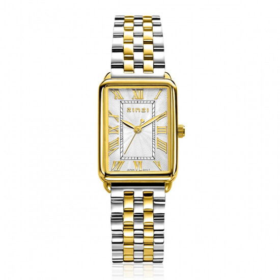ZINZI Elegance bicolor horloge witte wijzerplaat en rechthoekige goudkleurige kast en bicolor stalen schakelband 28mm extra dun ZIW1907