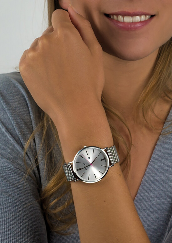 Zinzi Retro horloge zilvergekleurde wijzerplaat en kast stalen mesh band 38mm extra dun ZIW402M
