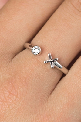 ZINZI silberner offener Ring Kreuz rund weiß ZIR1821