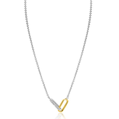 ZINZI zilveren schakelketting met twee verbonden ovale schakels: één gold plated, de ander bezet met witte zirkonia's 42-45cm ZIC2758