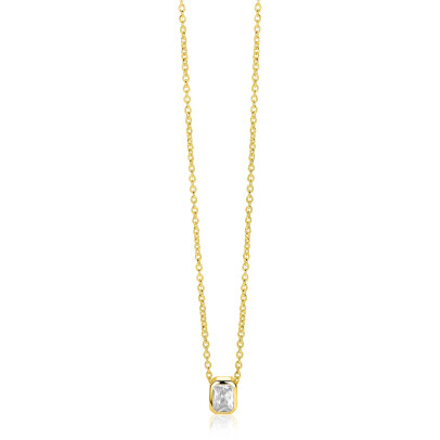 ZINZI gold plated zilveren collier 45cm met een rechthoekige gladde kastzetting (9mm), bezet met een witte zirkonia ZIC2899