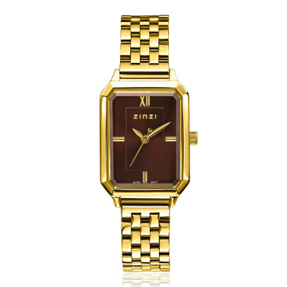 ZINZI Allure horloge 30mm achthoekige kast, bruine wijzerplaat, geelgoudkleurige stalen kast en band, Japans uurwerk ZIW2536
