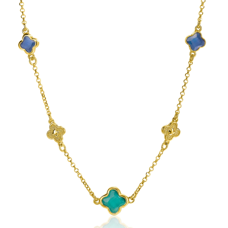 ZINZI gold plated silver link necklace with two dark blue clovers