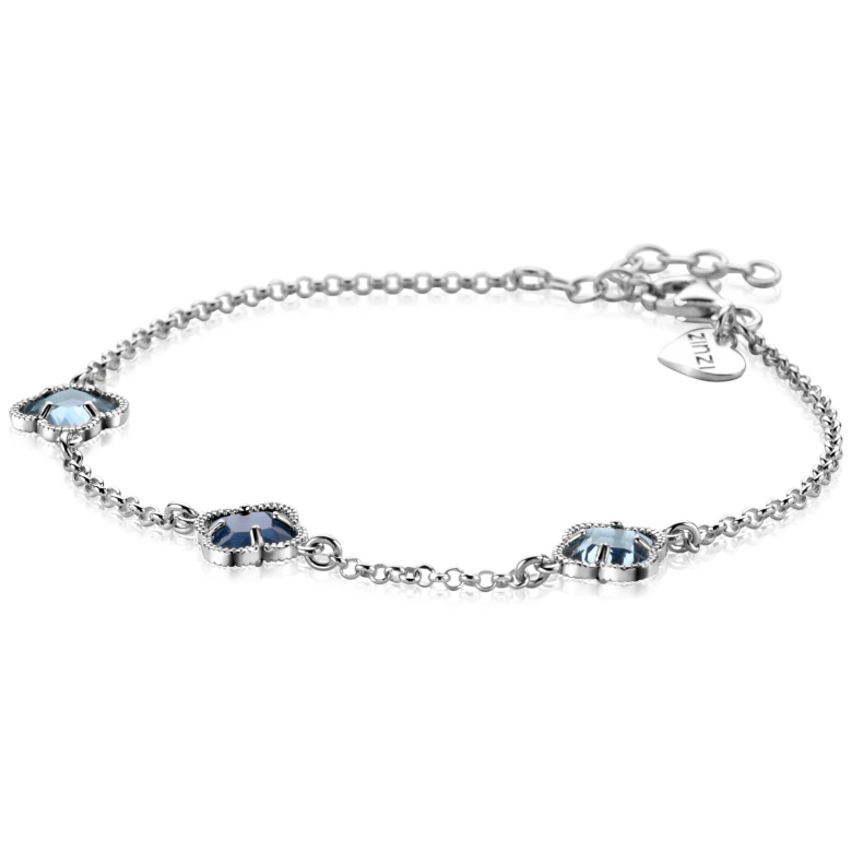 ZINZI silver link bracelet with two light blue clovers and one