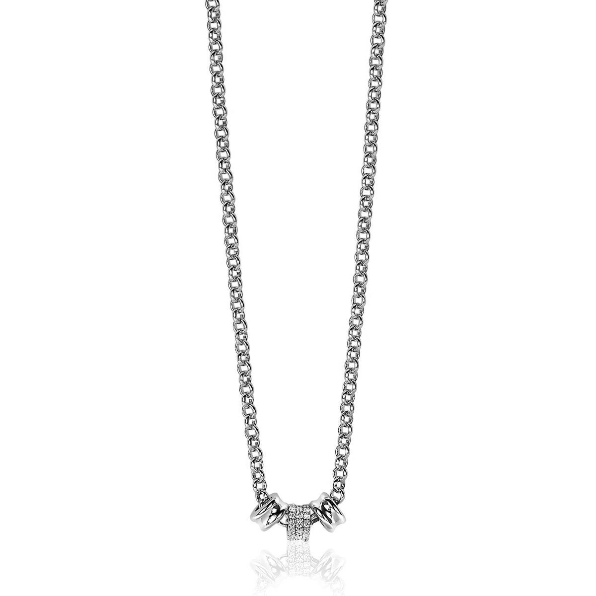 Mart Visser by ZINZI zilveren ketting 45cm met 3 ronde schakels, waarvan middelste volbezet is met witte zirconia's MVC23