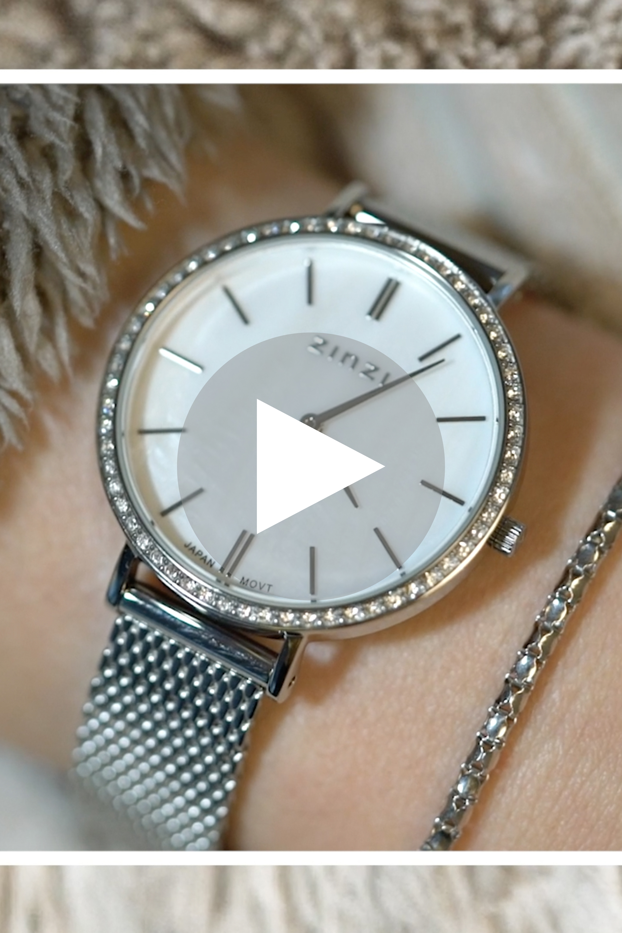 ZINZI horloge GRACE 34mm wit parelmoer wijzerplaat, rondom bezet met witte crystals,  stalen kast en band ziw1317
