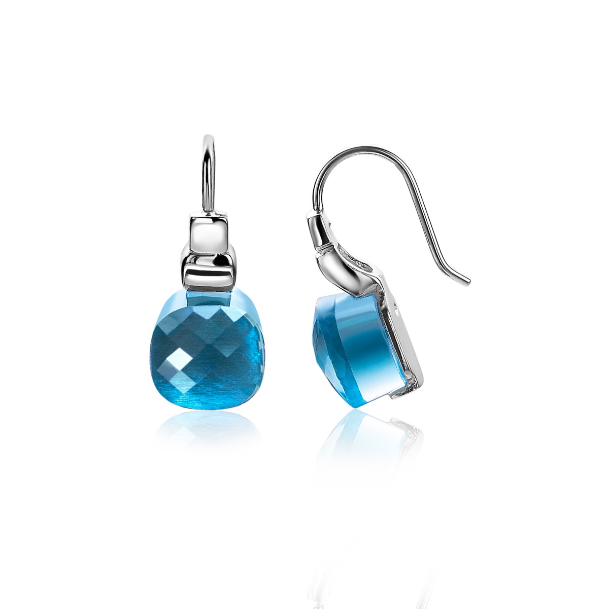 ZINZI zilveren vierkante oorhangers met blauwe kleursteen 21mm ZIO1110B
