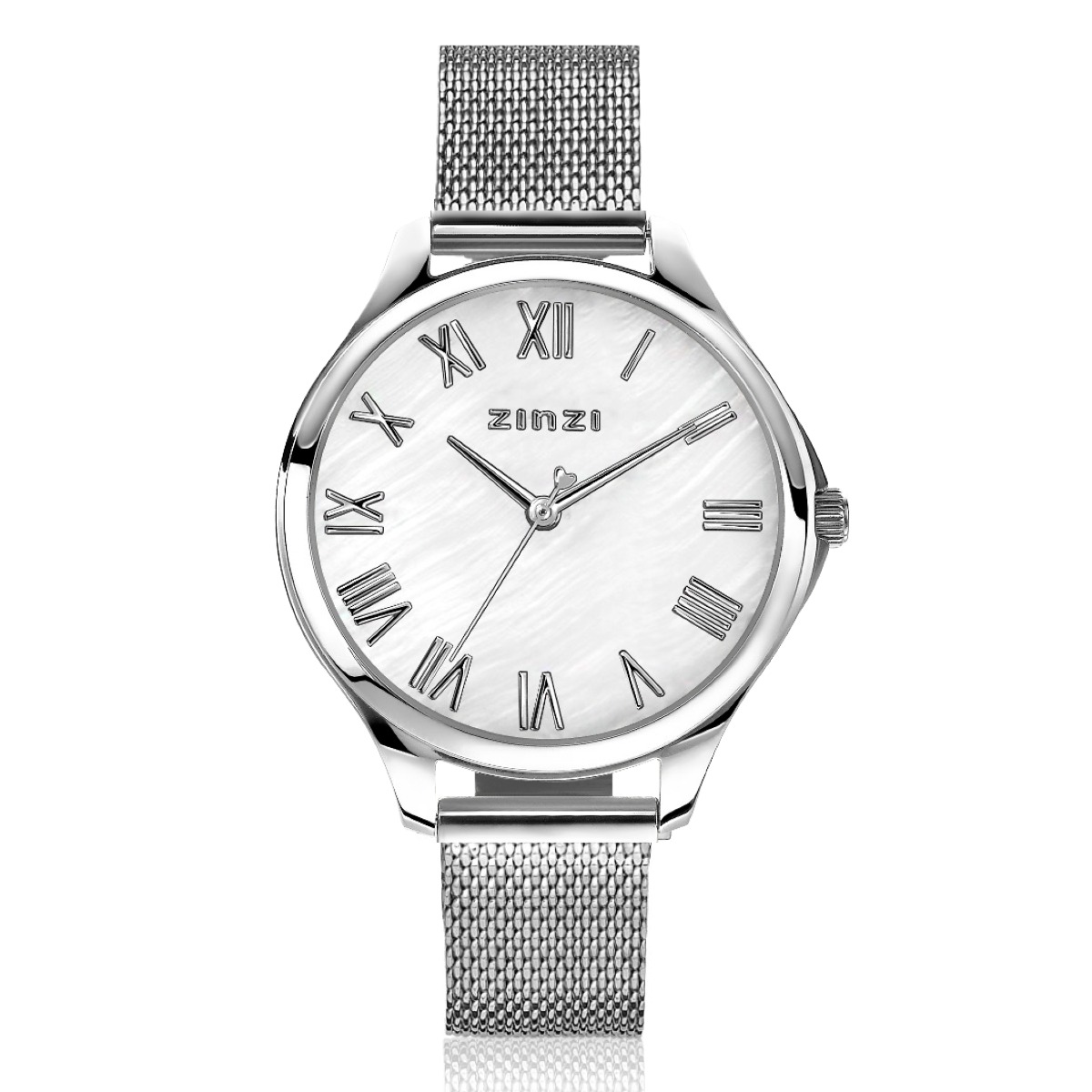 ZINZI horloge JULIA 34mm wit parelmoer wijzerplaat romeinse cijfers stalen kast en meshband ZIW1117M
