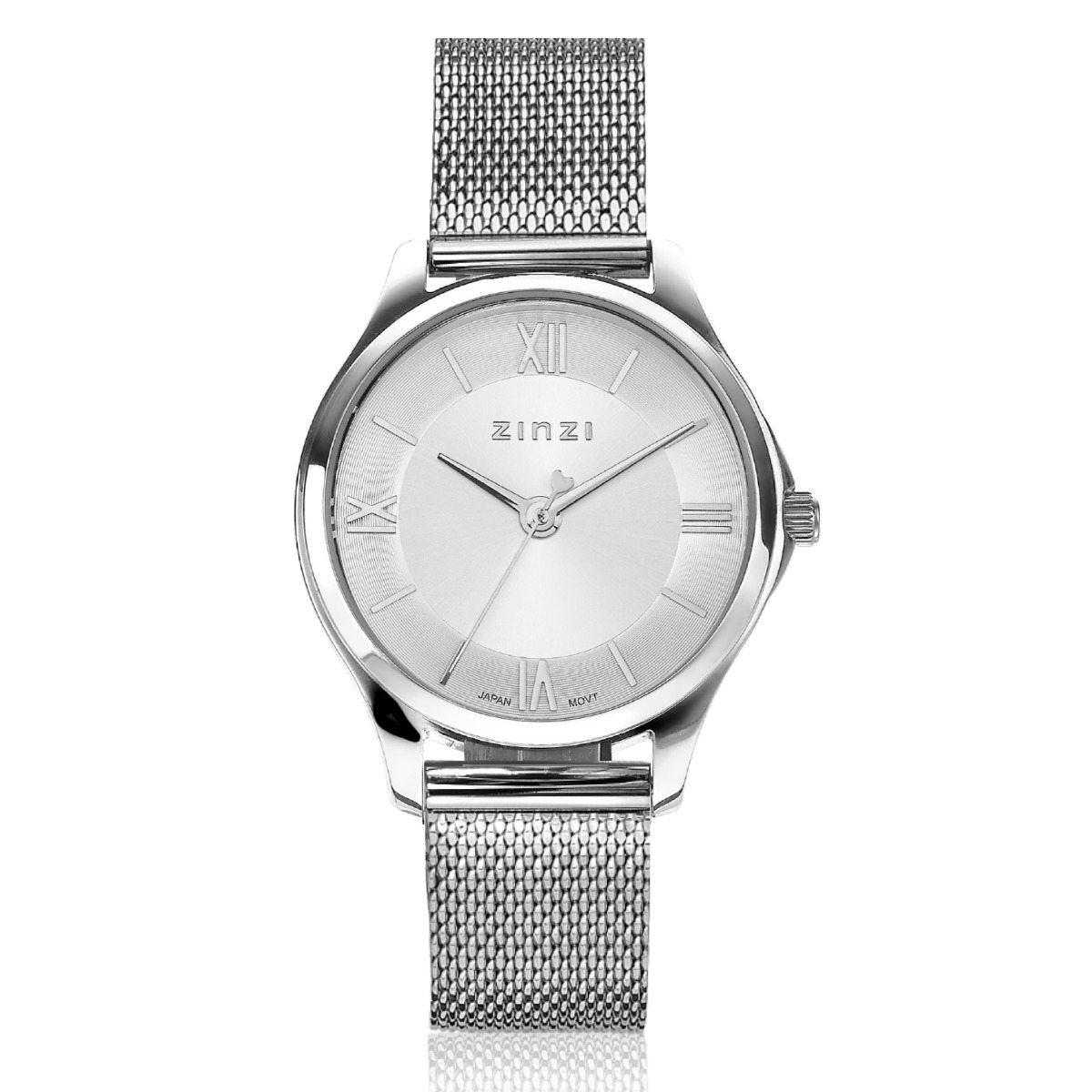 ZINZI Classy Mini horloge 30mm zilverkleurige wijzerplaat stalen kast en meshband ZIW1202M
