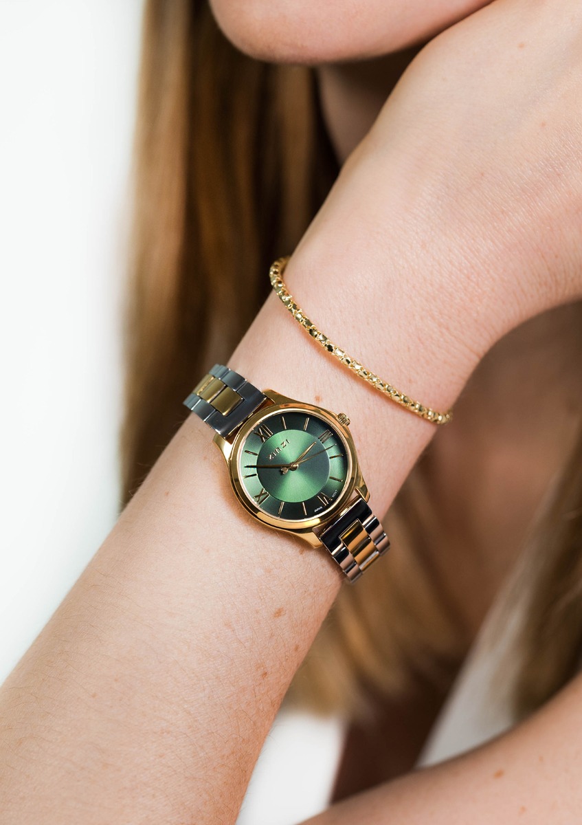 ZINZI Classy Mini horloge 30mm groene wijzerplaat goudkleurige stalen kast en bicolor band ziw1235
