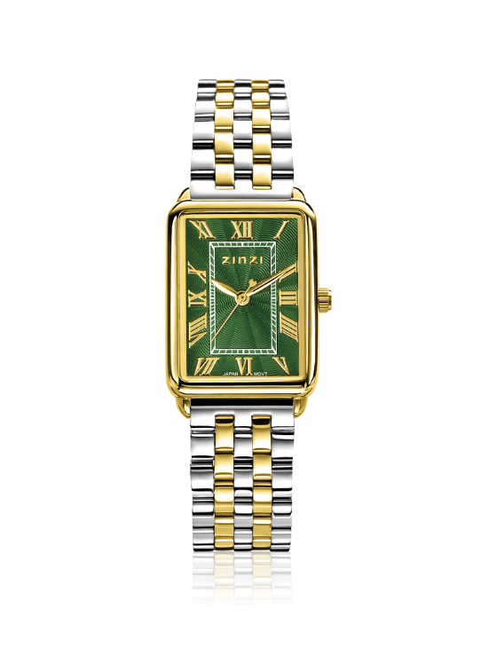 ZINZI Elegance horloge groene wijzerplaat en rechthoekige kast stalen bicolor schakelband 28mm extra dun ZIW1935