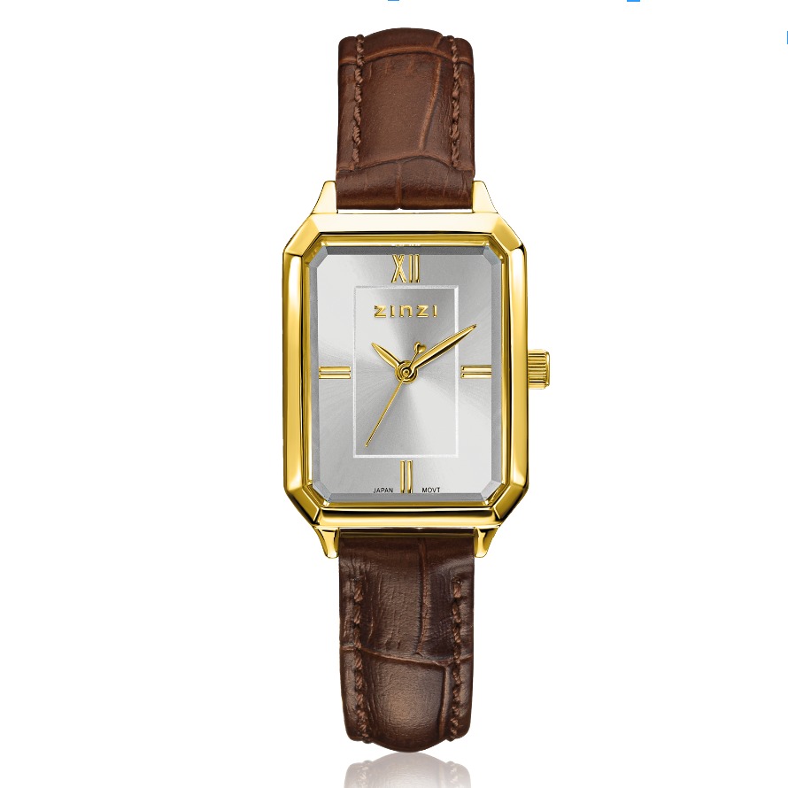 ZINZI Allure horloge 30mm achthoekige goudkleurige kast, zilvergekleurde wijzerplaat en bruine leren band, Japans uurwerk ZIW2533B