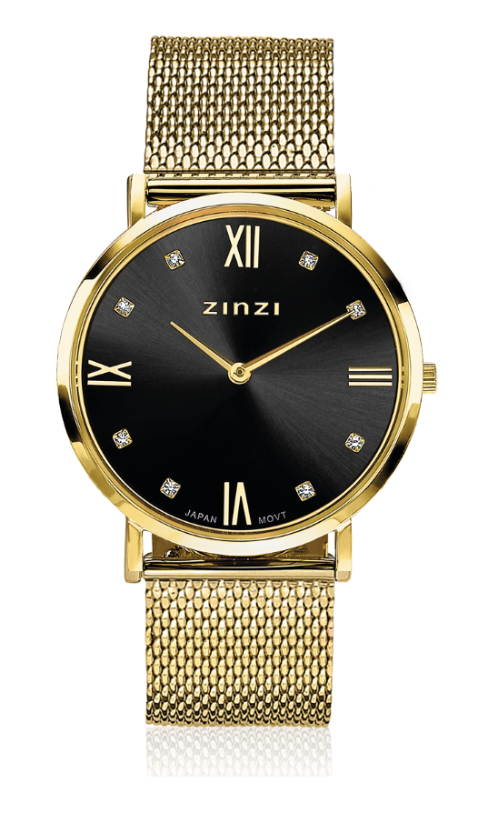 ZINZI Roman horloge zwarte wijzerplaat, witte zirconia's bij uuraanduiding, goudkleurige stalen mesh band 34mm ZIW543M
